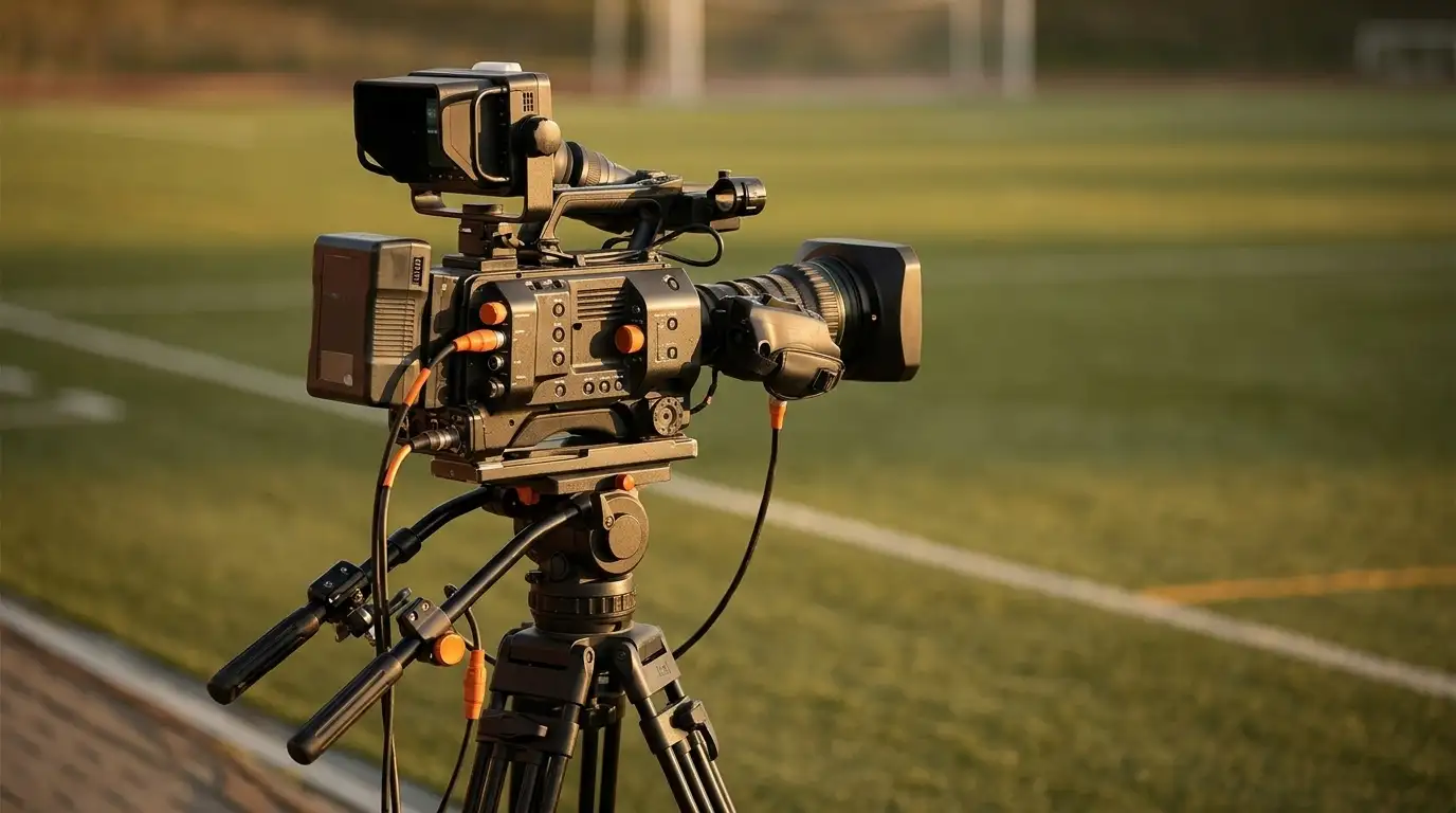 Übertragungskamera auf einem Stativ am Rand eines Fußballplatzes