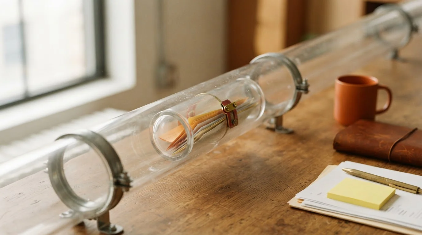 Transparente Rohrleitung mit einer Transportkapsel auf einem hellen Tisch