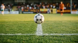 Fußball in der Luft vor einer verschwommenen Stadiontribüne
