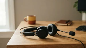 Schwarzes Headset mit Mikrofon auf einem hellen Schreibtisch