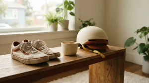 Sportschuhe und Fahrradhelm neben einer Tasse im Regal