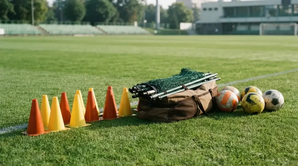 Fußbälle und farbige Trainingskegel neben der Seitenlinie eines Spielfelds