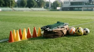 Fußbälle und farbige Trainingskegel neben der Seitenlinie eines Spielfelds